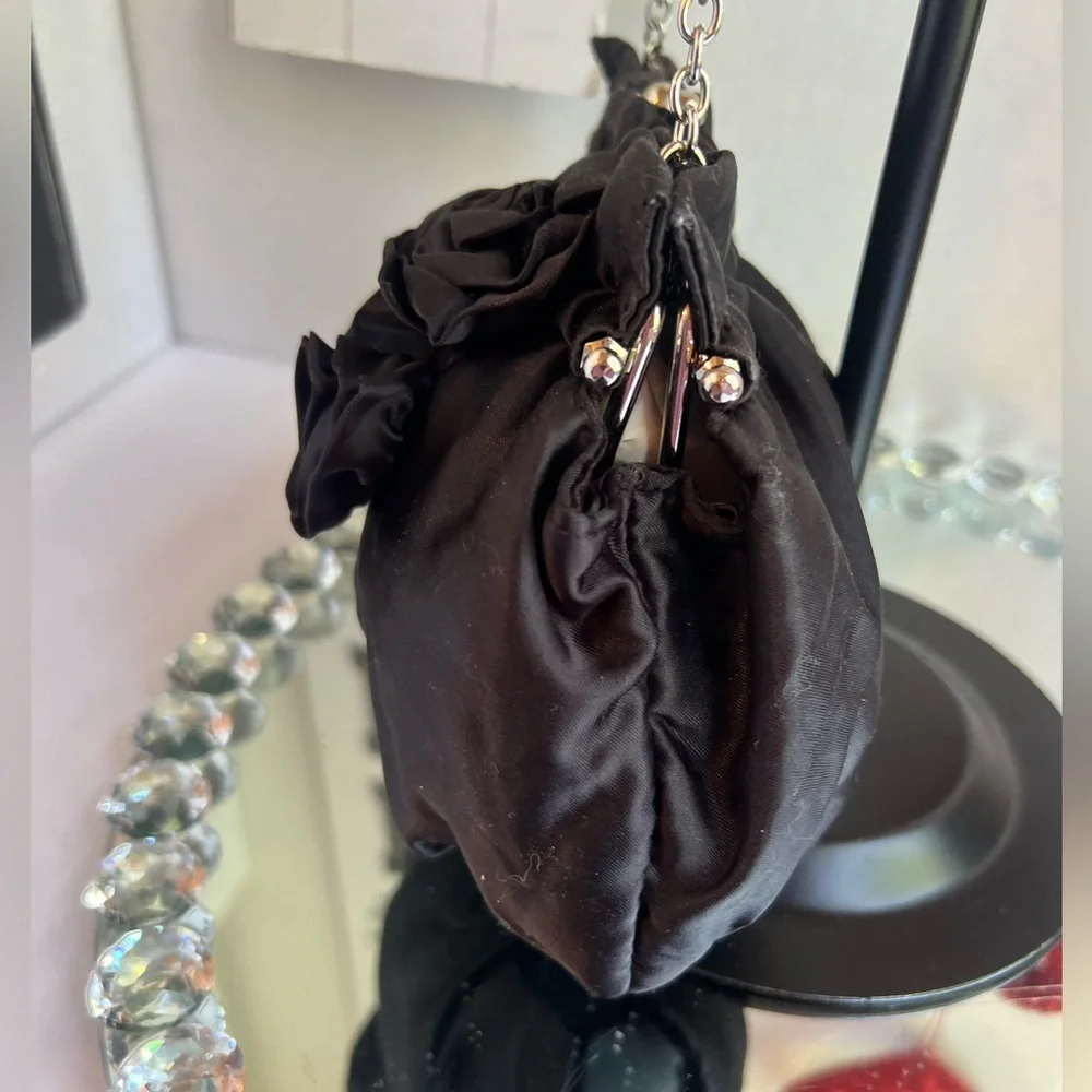 White House black market Chic Black Satin Clutch with Rosette Accent